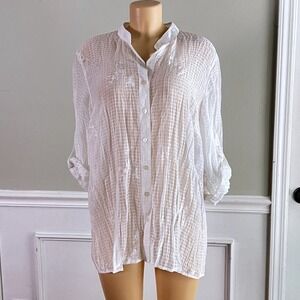 Emma James Blouse 16W Women Embroidered Sheer Plaid Roll Tab White Coastal Boho